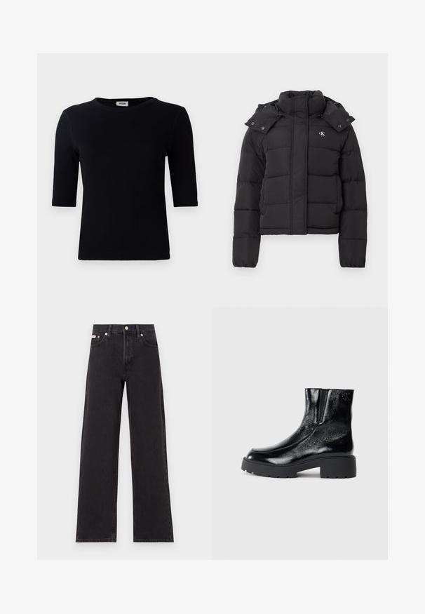 Black puffer jacket with high collar, detachable hood with snap buttons, and small white "CK" logo on the left chest.; Black ribbed t-shirt with a round neckline and three-quarter sleeves. The fabric has a smooth texture and straight hemline. No visible branding.; Black wide-leg jeans made of denim, featuring a high-rise waist, five-pocket styling, and a metal button closure with contrasting stitching.; Black ankle boots with a glossy patent leather finish, chunky black rubber sole, and raised heel; includes subtle logo detail on the side.