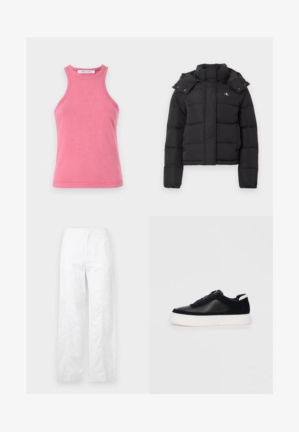 Casaco acolchoado preto com gola alta, capuz destacável com botões de pressão e pequeno logótipo branco "CK" no lado esquerdo do peito.; Top de algodão cor-de-rosa sem mangas com decote redondo e design de costas nadador. Apresenta bainhas duplas e uma textura suave e macia.; Calças brancas de perna larga feitas de um tecido leve, com uma textura suave, linhas limpas e um design de cintura alta.; Sapatilha preta com painéis de pele lisa e camurça, atacadores planos, bico arredondado e sola de borracha branca. Logótipo distinto no calcanhar.