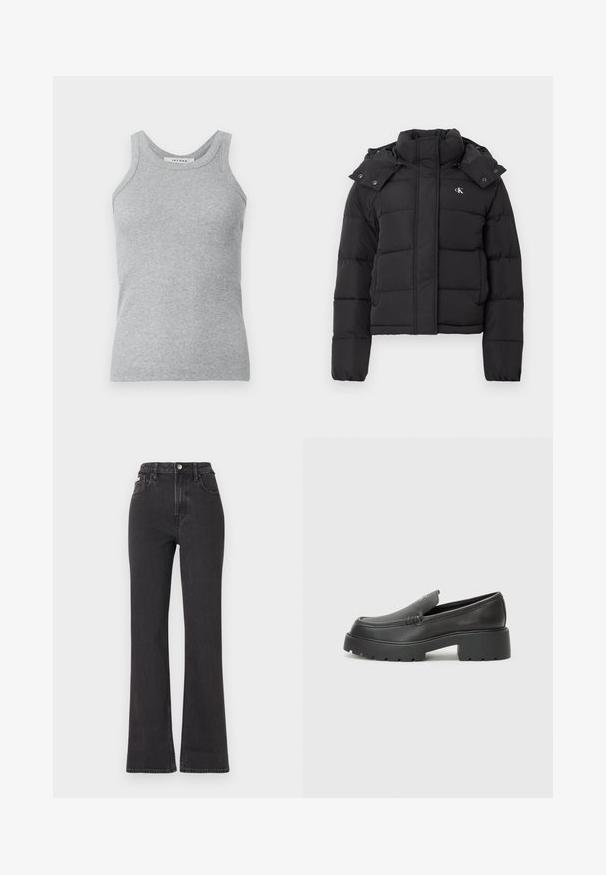 Črn puhovka z visokim ovratnikom, snemljivo kapuco s pritisnimi gumbi in majhnim belim logotipom "CK" na levem prsnem delu.; Siv špagetasti top s okroglim izrezom in širokimi naramnicami. Tkanina je mehke teksture in prilega se telesu.; Črne kavbojke s visokim pasom in razširjenimi hlačnicami, narejene iz denima, z gumbom za zapiranje, zankami za pas in stranskimi žepi. Gladka tekstura z minimalnim bledenjem.; Črne usnjene loafers čevlje z zaobljenim nosom, debelim teksturiranim podplatom in minimalnimi šivi. Elegantna zasnova brez vidnih vezalk ali kovinskih delov.