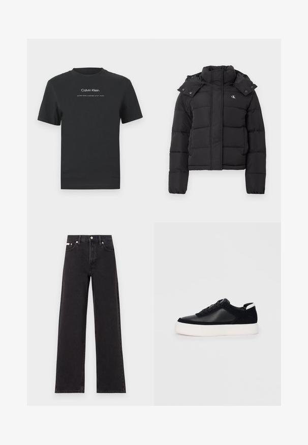 Jachetă puffer neagră cu guler înalt, glugă detașabilă cu capse și mic logo alb "CK" pe pieptul stâng.; Tricou din bumbac negru cu guler rotund, mâneci scurte și logo-ul imprimat „Calvin Klein” în alb, împreună cu textul „Established 1968”.; Jeanși negri cu picioare largi, fabricați din denim, cu talie înaltă, stil cu cinci buzunare și închidere cu nasture metalic, cu cusături contrastante.; Sneaker negru cu piele netedă și panouri din întăritură, șireturi plate, vârf rotund și talpă din cauciuc alb. Logo distinct pe călcâi.