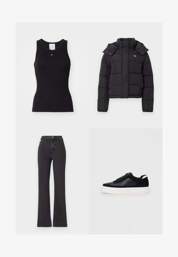 Casaco acolchoado preto com gola alta, capuz destacável com botões de pressão e pequeno logótipo branco "CK" no lado esquerdo do peito.; Top de algodão preto, com um design ajustado, decote redondo e o logotipo "ck" impresso em branco no peito, apresentando uma textura suave.; Jeans flared pretos de cintura alta feitos de denim, com fecho de botão, passadores para cinto e bolsos laterais. Textura suave com desbotamento mínimo.; Sapatilha preta com painéis de pele lisa e camurça, atacadores planos, bico arredondado e sola de borracha branca. Logótipo distinto no calcanhar.