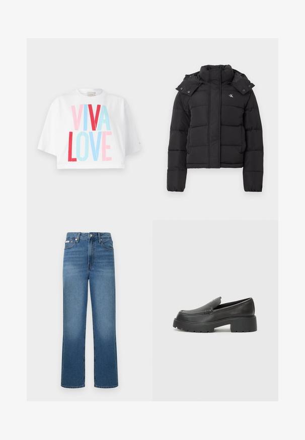 Black puffer jacket with high collar, detachable hood with snap buttons, and small white "CK" logo on the left chest.; Cropped white t-shirt featuring bold text "VIVA LOVE" in red, pink, and blue colors. Short sleeves and a relaxed fit.; High-waisted, straight-leg blue denim jeans with light fading, front pockets, button closure, and belt loops. Smooth texture and classic design.; Black leather loafers with a rounded toe, thick textured sole, and minimal stitching details. Sleek design with no visible laces or hardware.