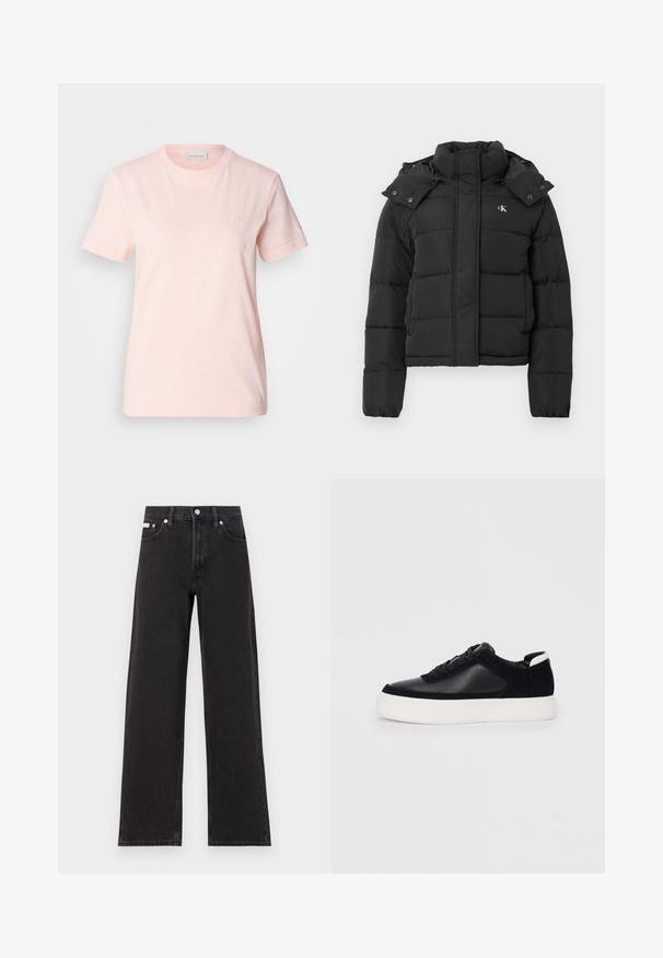 Casaco acolchoado preto com gola alta, capuz destacável com botões de pressão e pequeno logótipo branco "CK" no lado esquerdo do peito.; T-shirt de algodão rosa claro com gola redonda. Apresenta mangas curtas e pequeno logótipo "ck" bordado no peito. Textura suave.; Jeans de perna larga pretos feitos de denim, apresentando uma cintura alta, estilo de cinco bolsos e um fecho em botão de metal com costura contrastante.; Sapatilha preta com painéis de pele lisa e camurça, atacadores planos, bico arredondado e sola de borracha branca. Logótipo distinto no calcanhar.