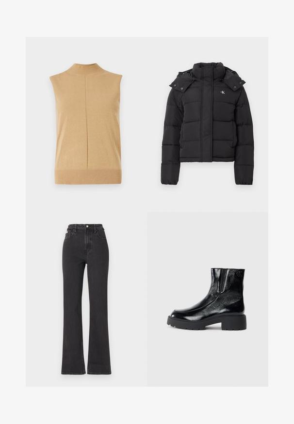 Melna pūkainā jaka ar augstu apkakli, noņemamu kapuci ar spiedpogām un mazu baltu "CK" logo kreisajā krūtī.; Bezgala, augsta kakla tops mīkstā bēšā adījumā, ar ribotu apakšmali un centrālo šuvi, kas piešķir papildu detaļu.; Melnas augstā jostasvietā plati izgrieztas džinsus no denima, ar pogu aizdari, jostas cilpām un sānu kabatām. Gluda tekstūra ar minimālu izbalēšanu.; Melnas potītes zābaki ar spīdīgu lakotu ādas apdari, masīvu melnu gumijas zoli un paaugstinātu papēdi; satur subtilu logotipa detaļu sānu daļā.
