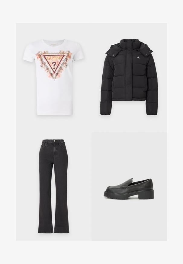 Black puffer jacket with high collar, detachable hood with snap buttons, and small white "CK" logo on the left chest.; White cotton t-shirt featuring a triangular graphic design with floral accents and rhinestone embellishments. "Guess U.S.A." logo displayed prominently.; Black high-waisted flared jeans made of denim, featuring a button closure, belt loops, and side pockets. Smooth texture with minimal fading.; Black leather loafers with a rounded toe, thick textured sole, and minimal stitching details. Sleek design with no visible laces or hardware.