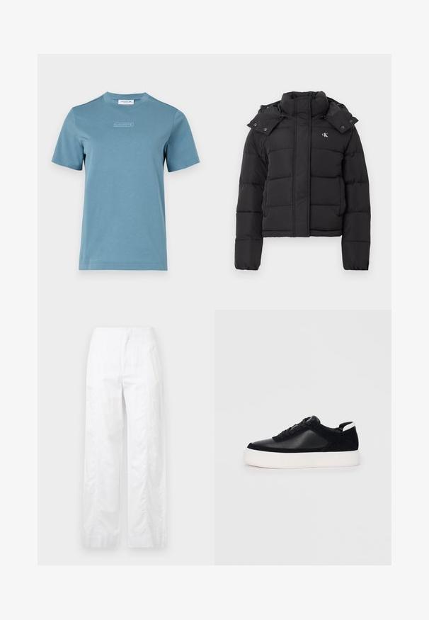 Casaco acolchoado preto com gola alta, capuz destacável com botões de pressão e pequeno logótipo branco "CK" no lado esquerdo do peito.; T-shirt de algodão com decote redondo na cor azul-claro, apresentando um logotipo texturizado "LACOSTE" na frente. Mangas curtas e um corte padrão.; Calças brancas de perna larga feitas de um tecido leve, com uma textura suave, linhas limpas e um design de cintura alta.; Sapatilha preta com painéis de pele lisa e camurça, atacadores planos, bico arredondado e sola de borracha branca. Logótipo distinto no calcanhar.