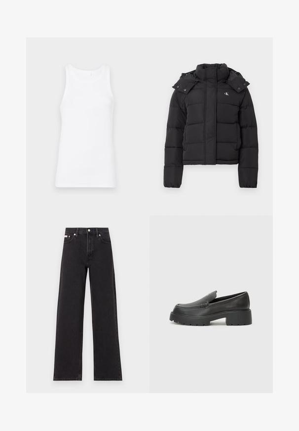 Sort puffer-jakke med høj krave, aftagelig hætte med trykknapper og lille hvid "CK"-logo på venstre bryst.; Hvid bomulds tanktop med rund udskæring og brede skulderstropper. Stoffet er glat og tætsiddende, uden synlige mønstre eller udsmykninger.; Sorte vidde jeans lavet af denim, med høj talje, fem-lomme stil og en metalknap lukning med kontrasterende syninger.; Sorte læder loafers med rund tå, tyk tekstureret sål og minimale syninger. Elegant design uden synlige snørebånd eller hardware.