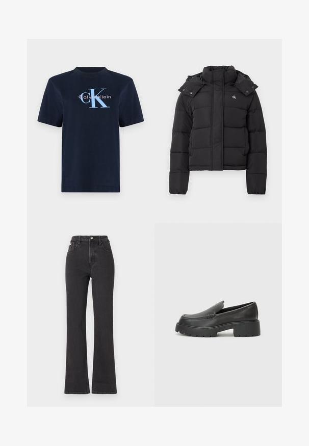 Jachetă puffer neagră cu guler înalt, glugă detașabilă cu capse și mic logo alb "CK" pe pieptul stâng.; Tricou din bumbac de culoare albastru închis, cu mâneci scurte, având logo-ul "Calvin Klein" în nuanțe de albastru deschis și roz pe față. Decolteu simplu de tip crew.; Jeans negre cu talie înaltă, evazate, din denim, cu închidere prin buton, bucle pentru curea și buzunare laterale. Textură netedă, cu decolorare minimă.; Mocasini din piele neagră, cu vârf rotunjit, talpă groasă texturată și detalii minimale de cusătură. Design elegant, fără șireturi sau accesorii vizibile.