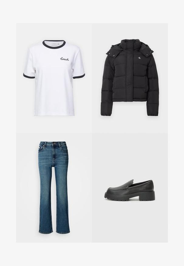 Casaco acolchoado preto com gola alta, capuz destacável com botões de pressão e pequeno logótipo branco "CK" no lado esquerdo do peito.; T-shirt de algodão branco com gola e punhos pretos. Apresenta o logótipo bordado "Coach" no peito. Mangas curtas, corte relaxado.; Jeans de cintura alta em denim azul, com um design de perna reta, desbotamento subtil e um fecho padrão com botão e zipper.; Mocassins de couro preto com bico arredondado, sola espessa e texturizada, e detalhes de costura minimalistas. Design elegante sem atacadores ou ferragens visíveis.