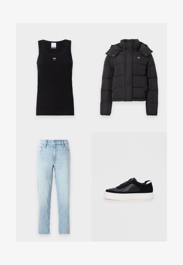 Fekete puffdzseki magas gallérral, levehető kapucnival, patentgombokkal, és kis fehér "CK" logóval a bal mellrészen.; Fekete pamut atlétatrikó bordázott textúrával, kerek nyakkivágással és egy kis fehér logóval a mellkas közepén. Nincsenek látható varratok vagy minták.; Világoskék farmernadrág, egyenes szárú dizájn, közepes derékkal, öt zsebes stílusban és elöl gombos zárással.; Fekete sportcipő sima bőrből és velúr panelekkel, lapos fűzőkkel, kerek orral és fehér gumi talppal. Megkülönböztető logó a sarkán.