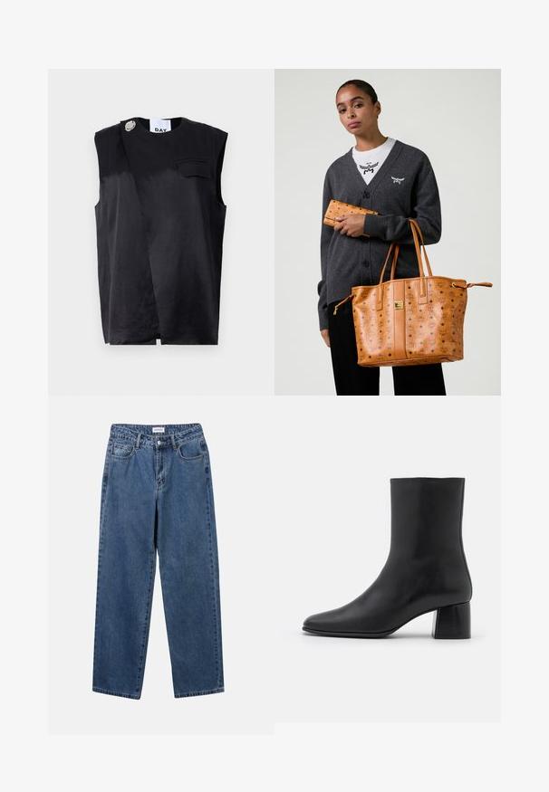 Grå cropped jakke med høj krave, frontlynlås og lange klokkeærmer. Har sidesnor og et glat tekstureret stof.; Sort ærmeløs top med et diagonalt design, enkelt brystlomme og overdimensioneret sølvknap detalje. Lavet af et glat stof.; Hvid ribbet top med rund hals og brede ærmegab. Har en glat tekstur og en lige kant. Mærket læser "IVY OAK."; Klassiske blå denimbukser med lige ben, fem lommer og knaplukning. Har en medium vask og en robust tekstur.; Sorte læder ankelstøvler med spids tå og en kraftig firkantet hæl. Glat overflade med et sømløst design og minimalistisk syning.; Kvinde iført en mørkegrå cardigan og hvid skjorte, som holder en lys læder tote taske og en matchende pung med logo-print.; Smaragdformede grønne øreringe sat i en enkel metalbund, båret i en nærsynsprofil af en person med bølget hår og neutral makeup.