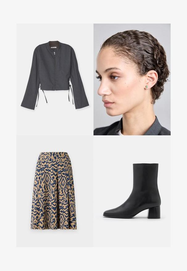 Pilkas trumpas švarkas su aukštu gaubtu, priekiniais užtrauktukais ir ilgomis varpo formos rankovėmis. Yra šoninės raištelės ir glotni tekstūruota medžiaga.; Baltas dryžuotas bakas su apvaliu kaklu ir plačiomis rankovėmis. Ypatingas sklandus paviršius ir tiesus apačios kraštas. Etiketėje užrašyta "IVY OAK."; Kelių ilgumo sijonas su geometriniu raštu tamsiai mėlynos ir smėlio spalvos, su klostėmis ir lygia tekstūra.; Juodas odinis kulkšninis botas su smailiu pirštu ir masyviu kvadratiniu kulnu. Lygus paviršius be siūlių ir minimalizmu išsiskiriantis dizainas.; Smaragdo formos žalios auskarai, įmontuoti į paprastą metalinį pagrindą, dėvimi artimame profilio kadre asmens su banguotais plaukais ir neutraliu makiažu.