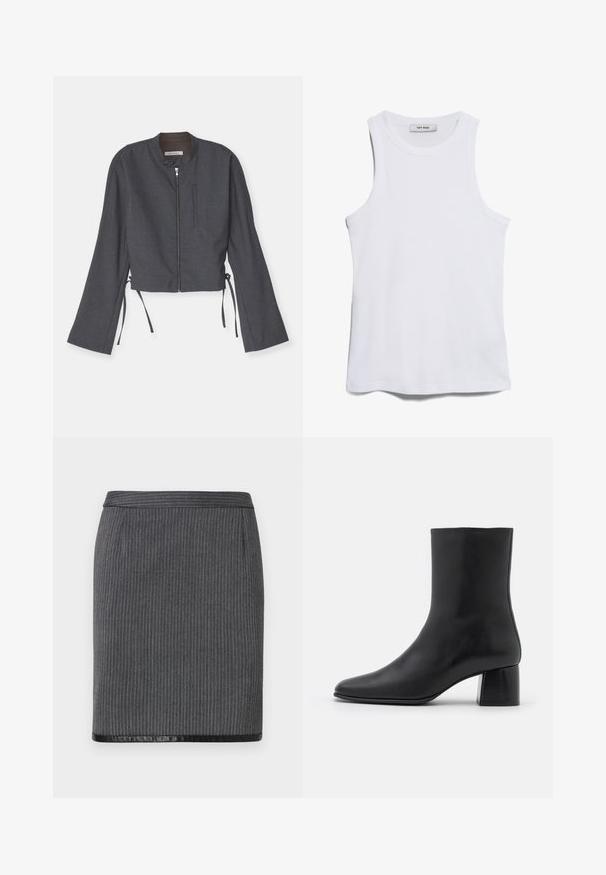 Jachetă cropped gri cu guler înalt, fermoar frontal și mâneci lungi evazate. Are legături pe laterale și un material texturat elegant.; Top de tip tank alb, cu o croială ondulată, guler rotund și armhole-uri largi. Prezintă o textură netedă și o tivă dreaptă. Eticheta inscripționează "IVY OAK."; Fustă creion gri cu nervuri și un tiv negru neted. Prezintă un design ajustat și un talie standard. Textura este țesută și sofisticată.; Botine negre din piele, cu vârf ascuțit și toc pătrat masiv. Textură netedă, cu un design fără cusături și cusături minimaliste.