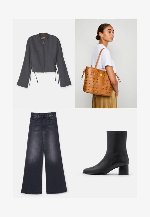 Szara krótka kurtka z wysokim kołnierzem, przednim zamkiem i długimi, dzwonkowymi rękawami. Posiada boczne sznurki i gładki, teksturowany materiał.; Biała prążkowana koszulka bez rękawów z okrągłym dekoltem i szerokimi wycięciami na ramionach. Posiada gładką fakturę i prosty krój dołu. Metka informuje "IVY OAK."; Mother - Wide leg; Czarne skórzane botki za kostkę z ostrym noskiem i masywnym kwadratowym obcasem. Gładka faktura z bezszwowym designem i minimalnym przeszyciem.; Kobieta w białej koszuli i pasiastych spodniach niesie na ramieniu beżową skórzaną torbę tote z czarnymi logo, stojąc bokiem.; Szmaragdowe kolczyki w kształcie prostokątnym osadzone w prostym metalowym mocowaniu, noszone na zbliżeniu profilu osoby z falującymi włosami i naturalnym makijażem.