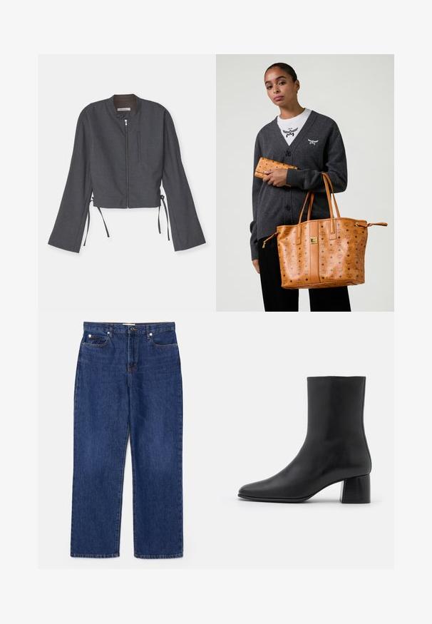 Graue kurze Jacke mit hohem Kragen, Reißverschluss vorne und langen Glockenärmeln. Verfügt über seitliche Bindebänder und einen glatten, strukturierten Stoff.; Weißes, geripptes Tanktop mit Rundhalsausschnitt und weitenArmausschnitten. Es hat eine glatte Textur und einen geraden Saum. Das Etikett trägt die Aufschrift "IVY OAK."; Dunkelblaue Jeans aus Denim mit hoher Taille, geradem Bein, fünf Taschen und silbernen Beschlägen. Mit dezenten Ausbleichungen und genähten Nähten.; Schwarze Leder-Ankle-Boots mit spitzer Zehenpartie und einem klobigen, quadratischen Absatz. Glatte Textur mit nahtlosem Design und minimalistischem Nähen.; Frau in einem dunkelgrauen Cardigan und weißem Hemd, die eine sandfarbene Leder-Tasche und ein passendes Portemonnaie mit Logo-Druck hält.