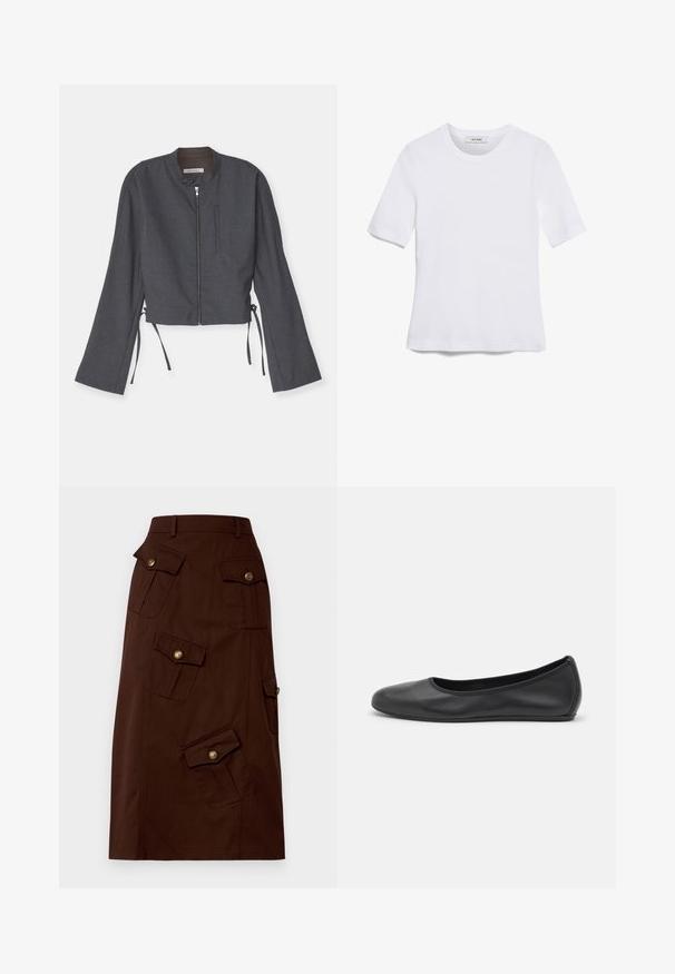 Sivá skrátená bunda s vysokým golierom, predným zipsom a dlhými zvonovými rukávmi. Vybavená bočnými viazaniami a hladkým textúrovaným materiálom.; Biela krátka tričko s krátkymi rukávmi vyrobené z rebrovanej látky. Klasický okrúhly výstrih, bežný strih a jemné švy. Bez vzorov alebo grafiky.; Hnedá sukňa po kolená vyrobená z bavlny, s viacerými vreckami na klopách s kultivovanými zlatými gombíkmi a priliehavým pásom. Hladká textúra.; Čierne kožené baleríny s okrúhlou špičkou, hladkým povrchom, minimálnym prešívaním a flexibilným dizajnom podrážky.