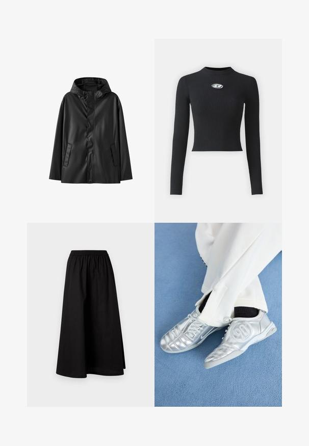 Melnā ūdensnecaurlaidīgā jaka ar kapuci, ar gludu tekstūru, pogu aizdari un divām sānu kabatām. Klasisks dizains ar brīvu piegriezumu.; Melna ribota garām piedurknēm topa ar pieguļošu siluetu un apaļu kakla izgriezumu. Uztver centrālo sudraba aksesuāru.; Melna, ceļgalu garuma svārki, izgatavoti no viegla materiāla, ar elastīgu jostu un brīvu A formas siluetu. Uzskatāmi raksti nav redzami.; Sudraba sporta apavi ar gludu, spīdīgu apdari, ar šūtu dizainu un numuru 90 sānos, apvienoti ar baltām biksēm.