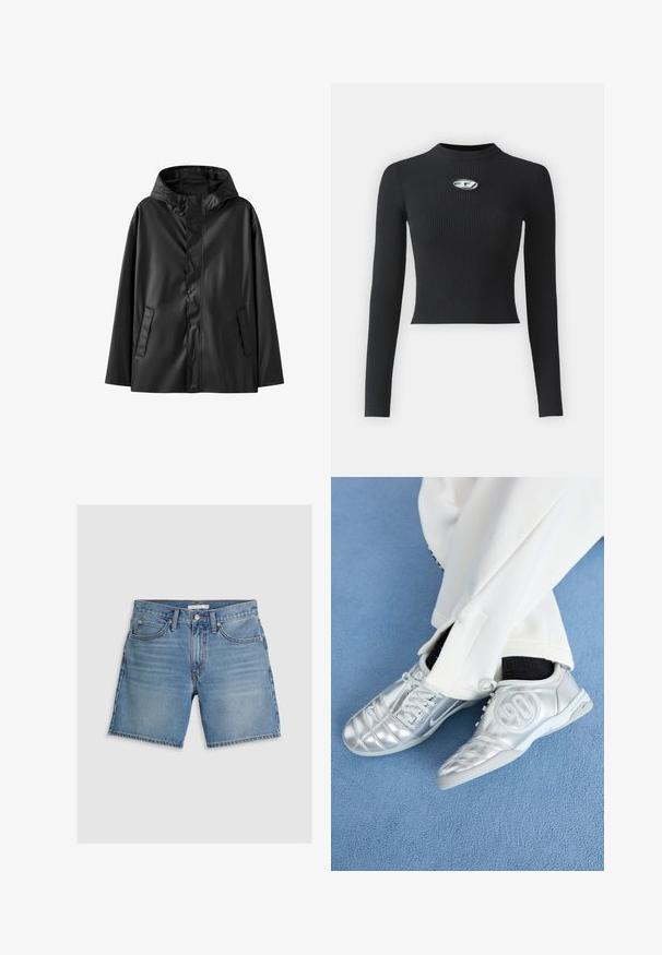 Melnā ūdensnecaurlaidīgā jaka ar kapuci, ar gludu tekstūru, pogu aizdari un divām sānu kabatām. Klasisks dizains ar brīvu piegriezumu.; Melna ribota garām piedurknēm topa ar pieguļošu siluetu un apaļu kakla izgriezumu. Uztver centrālo sudraba aksesuāru.; Gaiši zili džinsu šorti ar taisnu griezumu, pieciem kabatām un poga slēgšanu. Izgatavoti no kokvilnas ar gludu tekstūru.; Sudraba sporta apavi ar gludu, spīdīgu apdari, ar šūtu dizainu un numuru 90 sānos, apvienoti ar baltām biksēm.