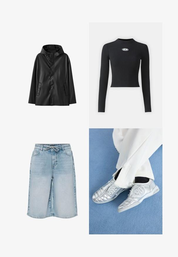 Mustat vedenpitävät takki hupulla, jossa on sileä pinta, nepparikiinnitys ja kaksi sivutaskua. Klassinen muotoilu rennolla leikkauksella.; Mustat ribbitekstiilillä varustetut pitkät hihat, joissa on tiukka siluetti ja pyöreä kaula-aukko. Keskellä hopeanvärinen korostus.; Vaaleansiniset farkkushortsit, joissa on rento leikkaus, narukiristysvyötärö, kaksi etutaskua ja haalistunut pinta. Hieman polvimittaiset.; Hopeiset urheilukengät sileällä, kiiltävällä pinnalla, joissa on ommeltu kuvio ja numero 90 sivussa, yhdistettynä valkoisiin housuihin.