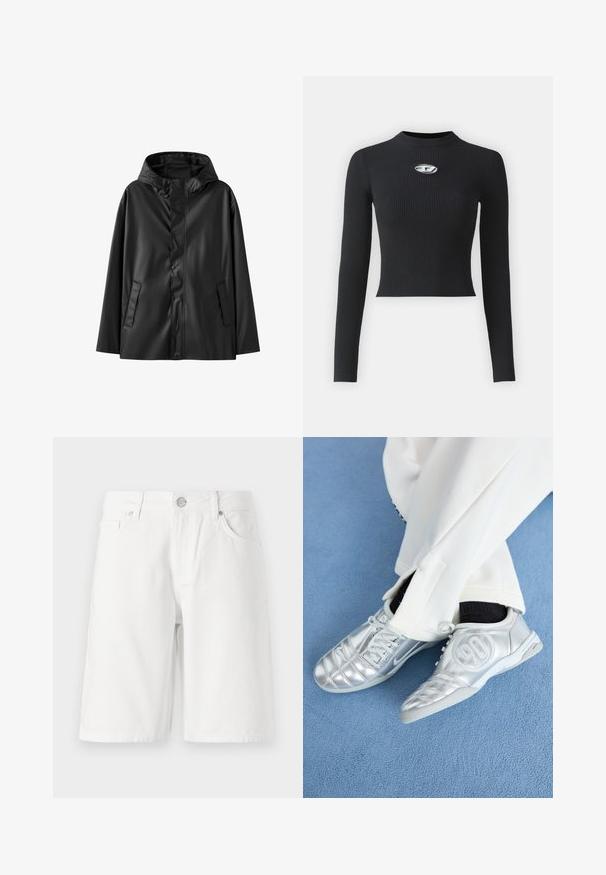 Jachetă impermeabilă neagră, cu glugă, cu o textură netedă, închidere cu nasturi și două buzunare laterale. Design clasic cu o croială lejeră.; Cămașă neagră cu mânecă lungă, dintr-un material cu caneluri, având o siluetă ajustată și guler rotund. Prezintă un accent central din metal argintiu.; Shorts din denim alb cu un design cu cinci buzunare, având un fermoar frontal, închidere cu nasture și croială dreaptă. Textură netedă, până la genunchi.; Pantofi sport argintii cu un finisaj neted și lucios, având un design cusut și cifra 90 pe lateral, asortați cu pantaloni albi.