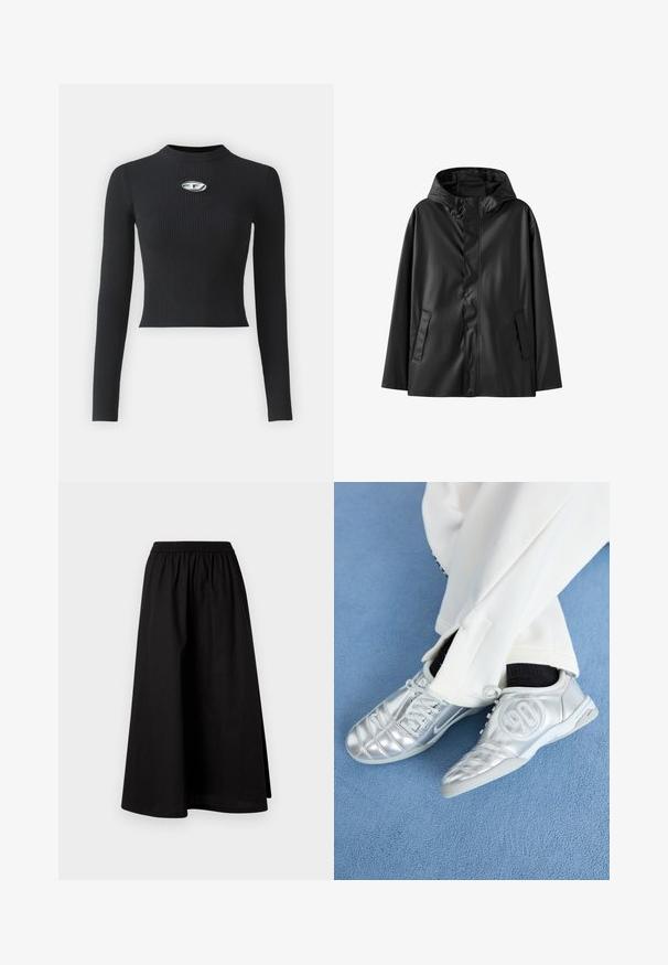Fekete vízálló dzseki kapucnival, sima textúrával, patent gombos záródással és két oldalsó zsebbel. Klasszikus dizájn, laza fazonnal.; Fekete bordázott, hosszú ujjú felső, testhez simuló sziluettal és kerek nyakkivágással. Középen ezüst színű kiegészítő díszíti.; Fekete, térd hosszúságú szoknya könnyű anyagból, rugalmas derekú és laza, A vonalú sziluettel. Nincsenek látható minták.; Ezüst sportcipők sima, fényes felülettel, varrott mintázattal és a 90-es számmal az oldalán, fehér nadrággal párosítva.