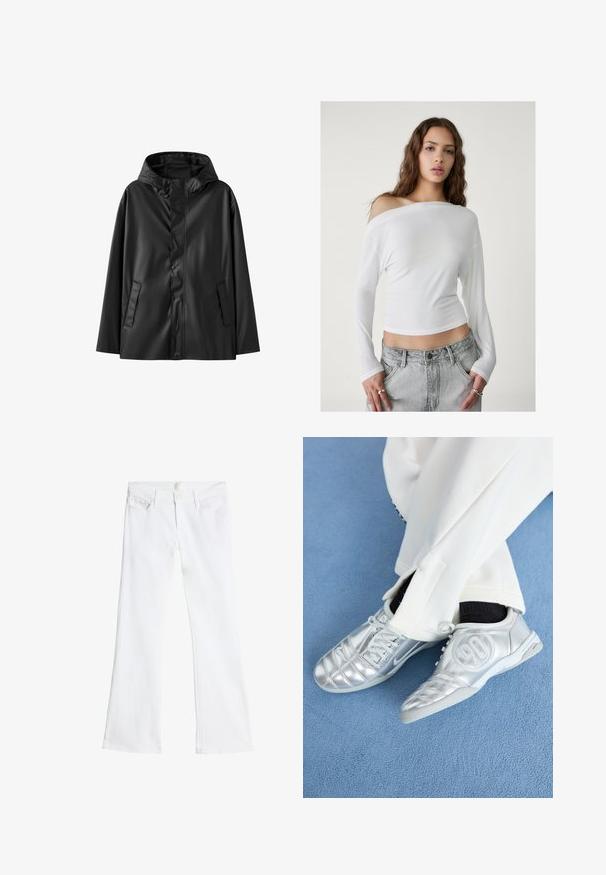 Czarna wodoodporna kurtka z kapturem, cechująca się gładką fakturą, zapięciem na napy oraz dwoma bocznymi kieszeniami. Klasyczny design z luźnym krojem.; Stradivarius - Bluzka z długim rękawem; Białe dżinsy w stylu dzwonów, wykonane z denimu, z guzikiem i suwakiem, dwoma przednimi kieszeniami oraz prostym, nieozdobionym fasonem.; Srebrne buty sportowe o gładkim, błyszczącym wykończeniu, z wyszywanym wzorem i numerem 90 po boku, zestawione z białymi spodniami.