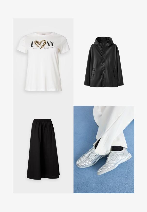 Mustat vedenpitävät takki hupulla, jossa on sileä pinta, nepparikiinnitys ja kaksi sivutaskua. Klassinen muotoilu rennolla leikkauksella.; Valkoinen T-paita, jossa on pyöreä kaula-aukko, ja etuosassa mustalla kirjoitettu "LOVE" sekä leopardikuvioinen sydän. Tekstin alla on kalligrafisella tyylillä "with a wild heart".; Mustaton, polvipituisen hameen valmistus kevyestä materiaalista, jossa on joustava vyötärö ja rento A-linjainen siluetti. Ei näy näkyviä kuvioita.; Hopeiset urheilukengät sileällä, kiiltävällä pinnalla, joissa on ommeltu kuvio ja numero 90 sivussa, yhdistettynä valkoisiin housuihin.