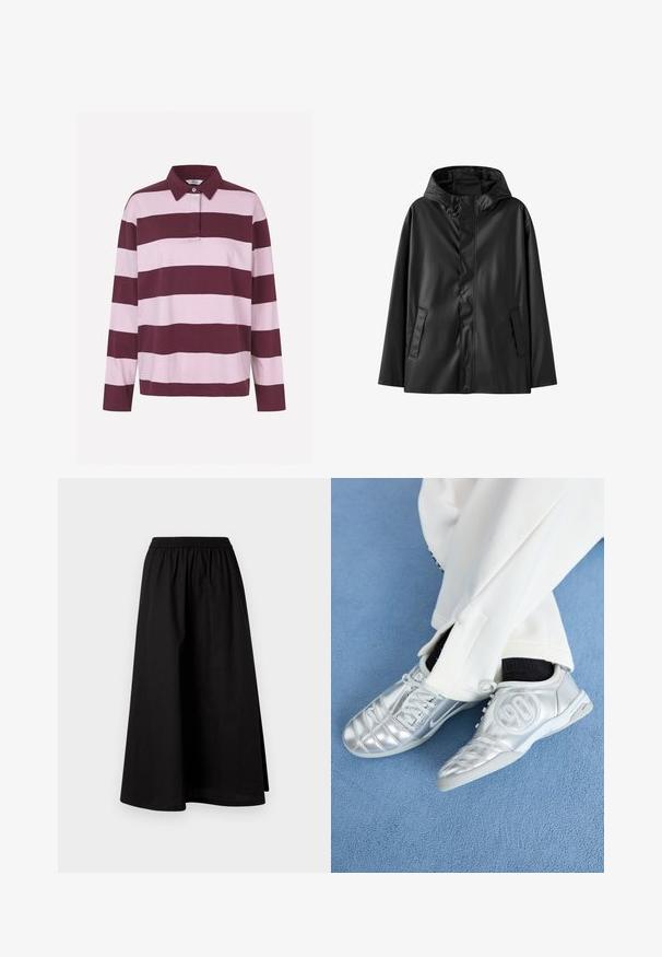 Černá voděodolná bunda s kapucí, vyrobená z hladkého materiálu, se zapínáním na patentky a dvěma bočními kapsami. Klasický design s volným střihem.; Kšiltovka s dlouhým rukávem v pruhovaném provedení v bordó a světle růžové barvě, s límečkem, knoflíkovou légou a měkkým bavlněným materiálem.; Černá sukně do kolen vyrobená z lehkého materiálu s elastickým pasem a uvolněným, áčkovým střihem. Neobsahuje žádné viditelné vzory.; Stříbrné sportovní boty s hladkým, lesklým povrchem, se šitým designem a číslem 90 na boku, spárované s bílými kalhotami.