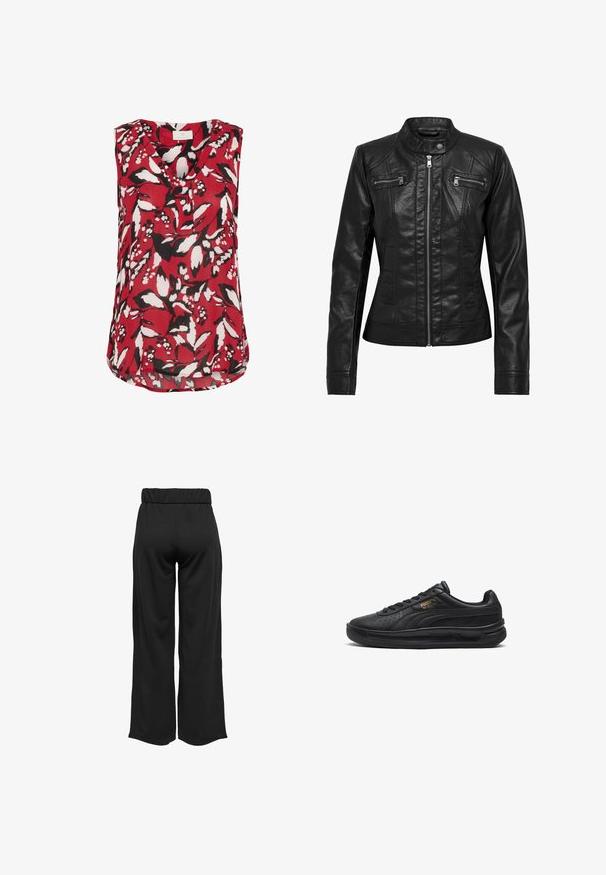 Chaqueta de cuero negra con cuello alzado, cierre frontal con cremallera y dos bolsillos con cremallera en el pecho. Presenta costuras estructuradas y una silueta ajustada.; Blusa sin mangas roja con un patrón floral en blanco y negro, que presenta un escote en V y un dobladillo ligeramente curvado para un ajuste relajado.; Pantalones negros de pierna ancha con cintura elástica, fabricados en un tejido suave. Presentan un diseño limpio sin bolsillos ni detalles de costura visibles.; Zapatillas negras con parte superior de cuero perforado, cordones planos, cuello acolchado y una marca dorada en contraste en el lado y la lengüeta. Suela de goma.