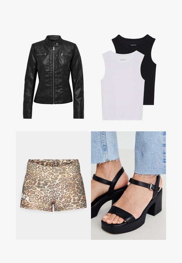 Črna usnjena jakna s stoječim ovratnikom, z zadrgo spredaj in dvema žepoma na prsih z zadrgo. Ima strukturne šive in prilega se postavi.; Dve brezrokavne majice v črni in beli barvi, izdelane iz rebrastega bombaža, z okroglimi izrezi in prilegajočim oblikovanjem. Oznake so vidne na obeh.; Hlače s leopardjim vzorcem v raztegljivi tkanini z visokim pasom, z majhnim belim logotipom spredaj, z teksturirano površinsko obdelavo.; ALDO CELIE - Sandali z visoko peto - black