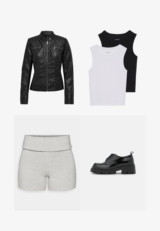 Veste en cuir noire avec col montant, fermeture éclair à l'avant et deux poches zippées sur la poitrine. Caractéristiques : coutures structurées et silhouette ajustée.; Deux hauts sans manches en noir et blanc, en coton côtelé, avec des encolures rondes et une coupe ajustée. Étiquettes visibles sur les deux.; Shorts en coton gris clair avec une large ceinture repliée. Texture lisse, coupe ajustée, et sans poches visibles ni détails supplémentaires.; Chaussures en cuir patiné noir avec une semelle épaisse et chunky, dotées de lacets épais. Embout arrondi, détails minimaux et un petit tirant à l'arrière.