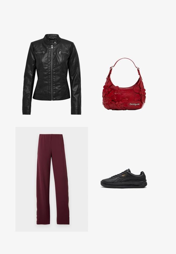 Mustapahuisatakki, jossa on seisova kaulus, vetskari etuosa ja kaksi rintataskua vetskareilla. Ominaisuuksiin kuuluvat rakenteelliset saumat ja muotoiltu siluetti.; Hihaton toppi harmaasta kankaasta, jossa on valkoinen, juokseva hevonen graafisena kuvana. Pyöreä pääntie, jossa on sileä pinta ja saumattomat reunat.; Maroon urheiluhousut joustavalla vyötäröllä, joissa on kontrastoiva oliivinvihreä sivuviiva, suoran lahkeen malli ja sileä pinta.; Mustat urheilukengät, joissa on rei'itetty nahkaosa, litteät nauhat, pehmustettu nilkkasauma ja kontrastiväriset kultaiset logot sivussa ja kielessä. Kumipohja.; Punainen nahkainen käsilaukku, jossa on kukkakoristeinen muotoilu, kaareva malli ja lyhyet kahvat. Hopeiset yksityiskohdat ja brändin nimi "Desigual" keskeisessä asemassa.