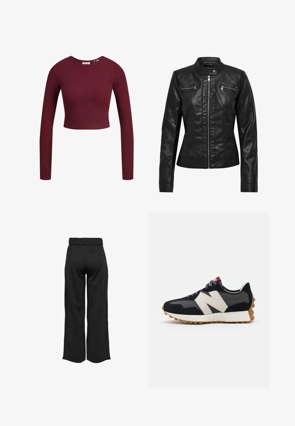 Fekete bőr dzseki álló gallérral, cipzáros elülső résszel és két cipzáros zsebbel a mellrészen. Szerkezeti varrásokkal és testhezálló szabással rendelkezik.; Burgundi színű crop top, hosszú ujjú, bordázott textúrával, kerek nyakkivágással, puha anyagból készült, testhez simuló fazonban. A nyak területén címkék láthatók.; Fekete, bővülő szárú nadrág, elasztikus derékkal, sima anyagból készült. Tiszta dizájn jellemzi, zsebek és látható varrási részletek nélkül.; Fekete és szürke velúr sportcipő nagy krémszínű "N" logóval, lila fűzőkkel és texturált gumi talppal.