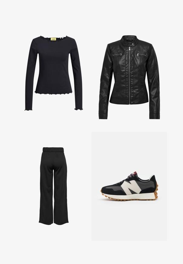 Svart lærjakke med ståkrage, glidelås foran og to glidelåslommer på brystet. Har strukturerte sømmer og en figursydde silhuett.; Langermet svart topp med volangkant i halsen og på kanten. Laget av myk tekstil, har en figursydd design og minimal merkebranding inni.; Svarte, vide bukser med elastisk midje, laget av glatt stoff. Har et rent design uten lommer eller synlige sømmer.; Sorte og grå sued sneakers med et stort cremefarvet "N" logo, lilla snørebånd og en tekstureret gummisål.