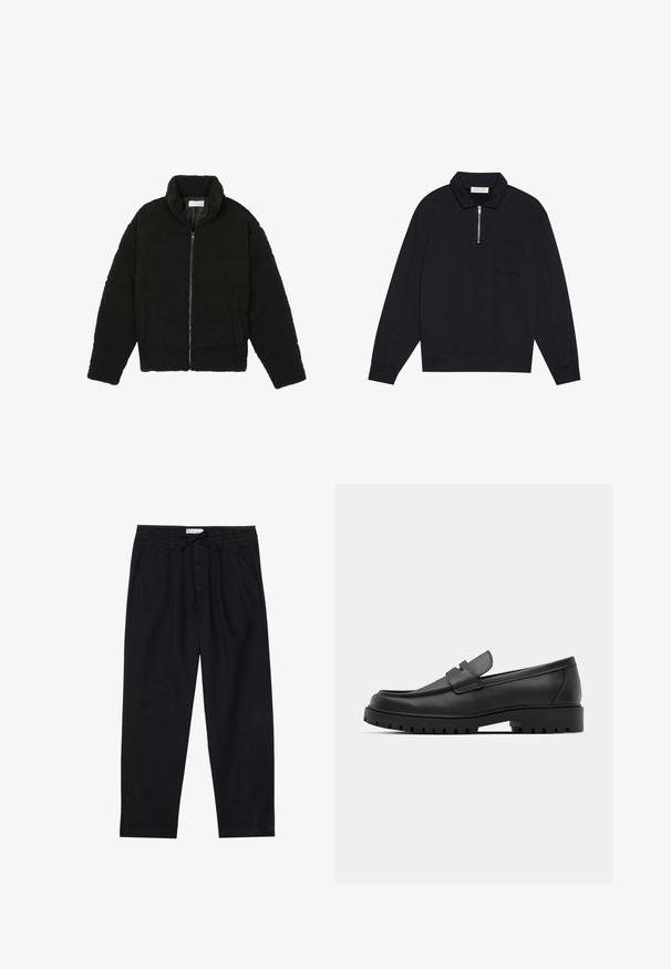 Fekete műszőrme dzseki magas gallérral, cipzáros záródással, rugalmas mandzsettákkal és steppelt mintázattal. Oldalsó zsebekkel rendelkezik, és puha tapintású.; Pier One Melegítőfelső - black; Pier One Vászonnadrágok - black; Fekete bőr loafer cipők kerek orral, varrott mintázattal, alacsony platformtalpú és texturált, barázdált gumitalppal.