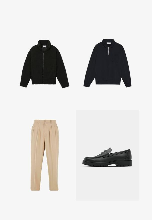 Černá umělá kožešinová bunda s vysokým límcem, zipovým uzávěrem, elastickými manžetami a prošívaným designem. Obsahuje postranní kapsy a jemnou texturu.; Pier One Mikina - black; Béžové plisované kalhoty s rovnými nohavicemi, vyrobené z hladké látky, s knoflíkovým zapínáním a poutky na opasek v pase.; Černé kožené mokasíny s kulatou špičkou, zdobené prošitím, s nízkou platformou a texturovanou gumovou podrážkou s drážkováním.