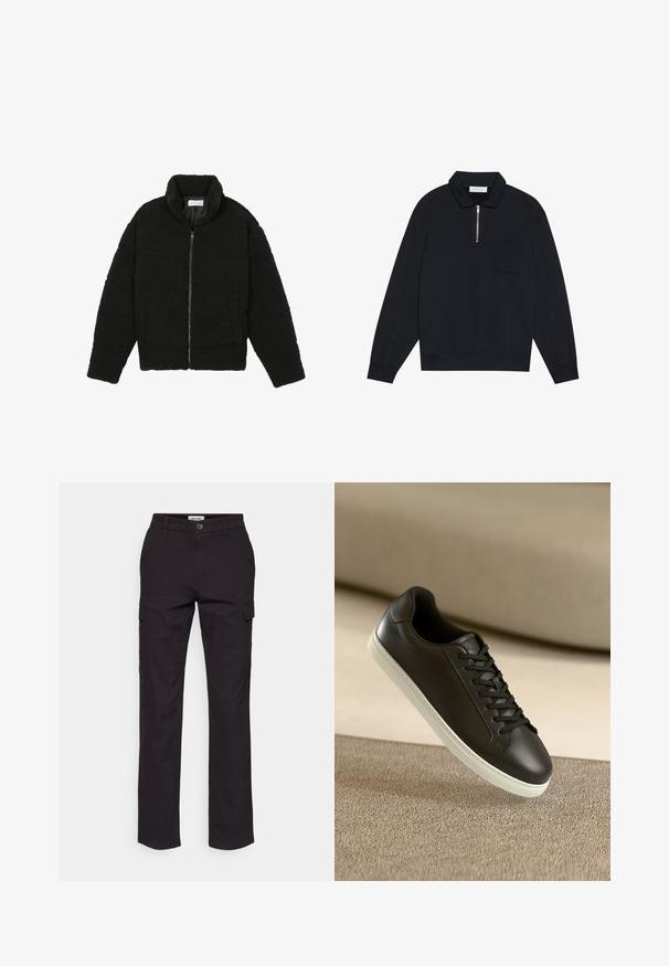 Sort faux fur jakke med høj krave, lynlås lukning, elastiske ærmer og et quiltet design. Har sidelommer og en blød tekstur.; Pier One Sweatshirt - black; Sorte cargo-bukser med lige ben-design, der har sidelommer, en knaplukning og et robust bomuldsblandingsmateriale.; Sort lædersneaker med hvid gummisål og sorte snørebånd, placeret mod en beige stofoverflade og baggrund.