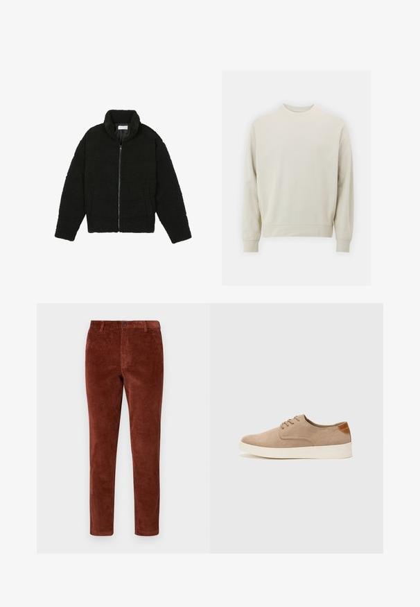 Svart fuskepelsjakke med høy krage, glidelås, elastiske mansjetter og quiltet design. Har sidelommer og en myk tekstur.; Lys beige sweatshirt laget av myk stoff med rund hals, lange ermer og ribbestrikkede mansjetter og hem. Minimalistisk design, ingen synlige mønstre.; Rustrøde kordfløjlsbukser med lige snit, der har en enkelt knaplukning og en struktureret ribbet mønster over det hele.; Beige semskinnsko med rund tå, snøring foran og en teksturert bakre aksent. Hvit gummisåle gir kontrast. Enkelt og moderne design.