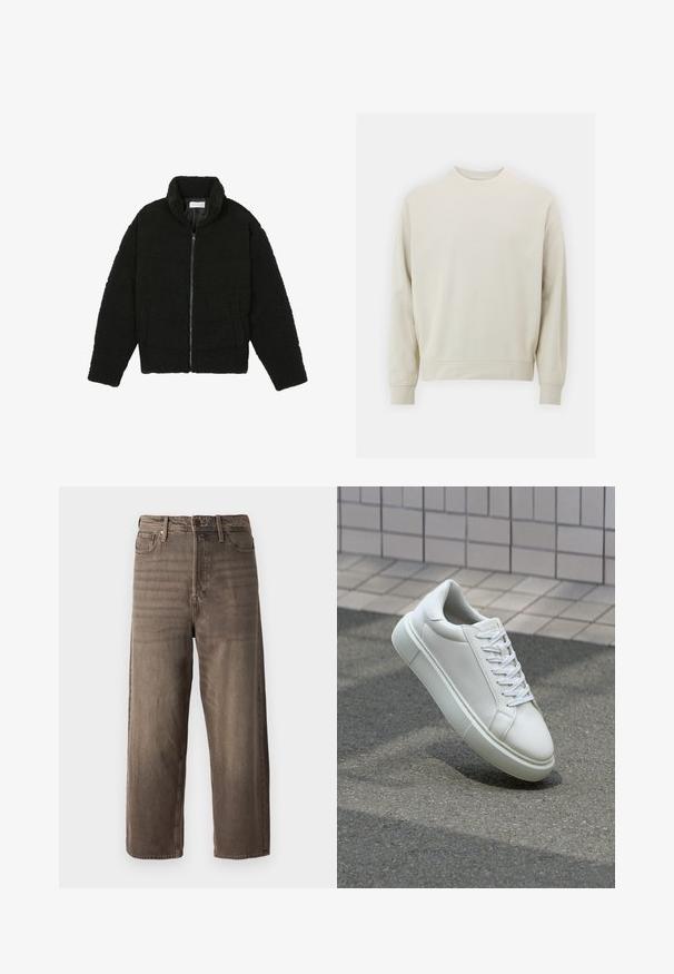 Must must karusnahast jakk kõrge kraega, lukuga sulgemine, elastsed varrukad ja tikandmuster. Omab küljetaskuid ja pehmet tekstuuri.; Soehking heegrebees värviga sweatshirt pehmest kangast, ümmarguse kaelusega, pikkade varrukatega ja ribanitest mansettide ja alläärega. Minimalistlik disain, ilma nähtavate mustriteta.; Prunad laiad teksapüksid, mis on valmistatud denimist. Omab lukuga kannet, vöölukke ja viit taskut. Kangas näitab tuhmuvat, tekstuurset välimust.; Valge nahkline sneka, millel on sile pind, ümar varvas ja lame valge pael. Omab tekstuuriga kummist talla ja minimaalset kujunduselementi.