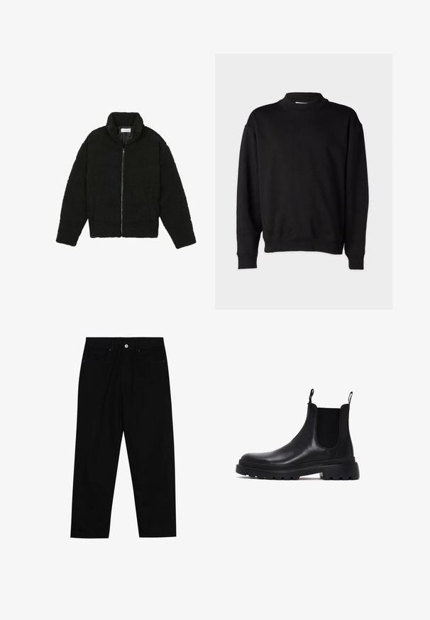 Giacca in pelliccia sintetica nera con colletto alto, chiusura con zip, polsini elasticizzati e design trapuntato. Presenta tasche laterali e una consistenza morbida.; Felpa nera con colletto alto a costine, maniche lunghe e vestibilità rilassata. Texture morbida con polsini e orlo a costine.; Pantaloni in denim nero con taglio dritto, design a cinque tasche e chiusura frontale con bottone. Tessuto liscio con dettagli di cucitura minimi.; Stivali Chelsea neri in pelle con pannelli elastici ai lati, linguette per il tallone e suola in gomma spessa con battistrada testurizzato. Design classico alla caviglia.