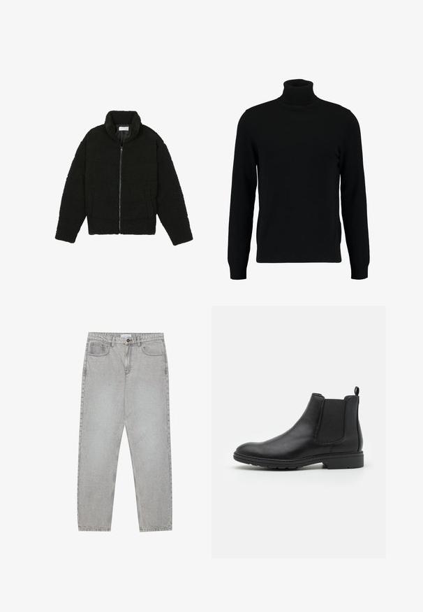Černá umělá kožešinová bunda s vysokým límcem, zipovým uzávěrem, elastickými manžetami a prošívaným designem. Obsahuje postranní kapsy a jemnou texturu.; Černý rolák vyrobený z měkkého pleteného materiálu. Má dlouhé rukávy, žebrovaný límec a lem. Jednoduchý, elegantní design bez vzorů.; Světlé šedé džíny s rovnými nohavicemi, pět kapsami a knoflíkovým zapínáním. Viditelné švy podél švů.; Černé kožené Chelsea boty s elastickými bočními panely a poutkem, s kulatou špičkou a texturovanou gumovou podrážkou.