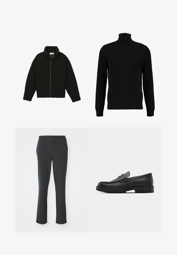 Sort faux fur jakke med høj krave, lynlås lukning, elastiske ærmer og et quiltet design. Har sidelommer og en blød tekstur.; Sort turtleneck sweater lavet af et blødt strikmateriale. Har lange ærmer, ribbet krave og kant. Enkel, slank design uden mønstre.; Mørkegrå bukser lavet af struktureret stof; lige ben design med en frontknap og diskrete sidelommer.; Sorte læder loafers med rund tå, der har et syet design, lav platformssål og en struktureret, skridsikker gummisål.