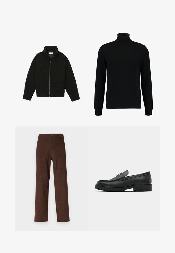 Črna jakna iz umetnega krzna z visokim ovratnikom, z zadrgo, elastičnimi manšetami in kviltanim dizajnom. Ima stranske žepke in mehak tekstur.; Črn pulover s turtleneck ovratnikom, izdelan iz mehkega pletenega materiala. Ima dolge rokave, rebrast ovratnik in rob. Preprost, eleganten dizajn brez vzorcev.; Rjave kordurojske hlače s ravnim krojem, z zadrgo in gumbom, dvema sprednjima žepoma ter teksturirano rebrasto vzorcem.; Črne usnjene loafers čevlje z zaobljenim nosom, ki imajo šivano zasnovo, nizko platformo in teksturiran, profiliran gumijast podplat.