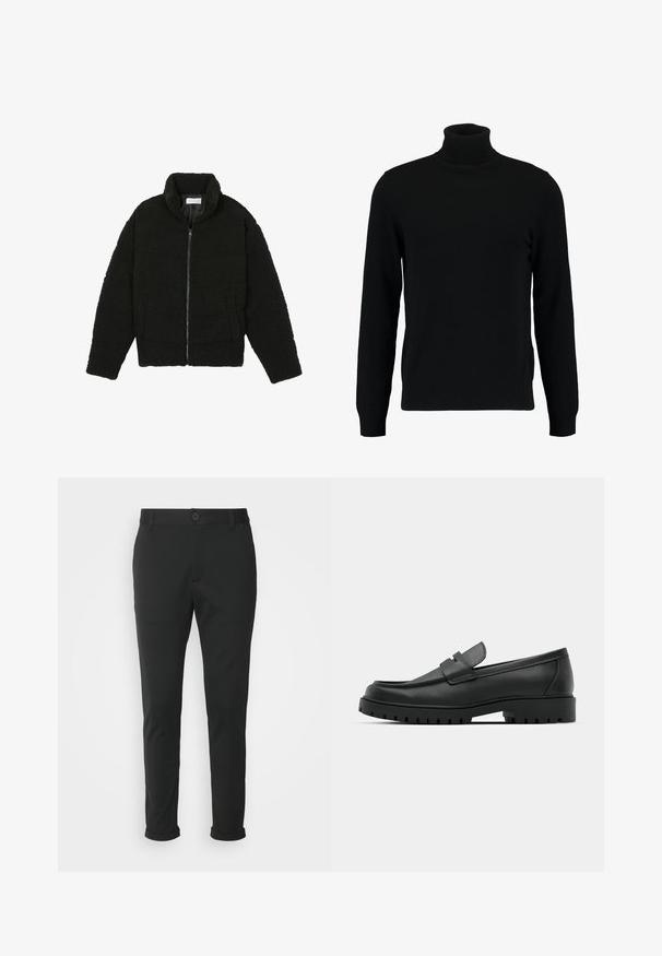 Fekete műszőrme dzseki magas gallérral, cipzáros záródással, rugalmas mandzsettákkal és steppelt mintázattal. Oldalsó zsebekkel rendelkezik, és puha tapintású.; Fekete garbó pulóver puha kötött anyagból készült. Hosszú ujjaival, bordázott gallérral és szegéllyel rendelkezik. Egyszerű, letisztult dizájn, minták nélkül.; Fekete nadrág sima anyagból, egyenes szabású. Egy gombos záródással és felgöngyölt cuffokkal rendelkezik.; Fekete bőr loafer cipők kerek orral, varrott mintázattal, alacsony platformtalpú és texturált, barázdált gumitalppal.