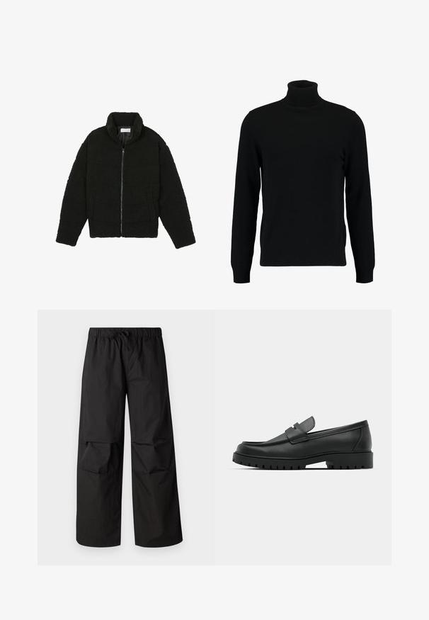 Schwarze Kunstpelzjacke mit hohem Kragen, Reißverschluss, elastischen Bündchen und gestepptem Design. Verfügt über seitliche Taschen und eine weiche Textur.; Schwarzer Rollkragenpullover aus weichem Strickmaterial. Mit langen Ärmeln, geripptem Kragen und Saum. Schlichtes, elegantes Design ohne Muster.; Schwarze weit geschnittene Hose aus leichtem Material, mit einem elastischen Bund und Zugband sowie Kniepaneelen.; Schwarze Lederloafer mit runder Zehenform, ausgestattet mit einem gesteppten Design, niedrigem Plattformsohle und einer strukturierten, genoppten Gummisohle.