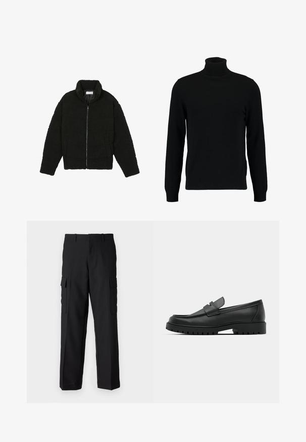 Must must karusnahast jakk kõrge kraega, lukuga sulgemine, elastsed varrukad ja tikandmuster. Omab küljetaskuid ja pehmet tekstuuri.; Musta kõrge kaelusega kampsun, mis on valmistatud pehmest kudumist materjalist. Omab pikki varrukaid, soonikpitsiga kaela- ja alumist äärt. Lihtne ja sujuv disain ilma mustriteta.; Mustad mustad püksid, mis on valmistatud vastupidavast kangast, sisaldavad kahte suurt küljetaskut, sirget säärekujundust ja tavalist vöökohast vöölauaga.; Mustad musta nahast loafers, millel on ümar varvas, tikandiga disain, madal platvorm-soon ja tekstureeritud, soonikkummist välistald.