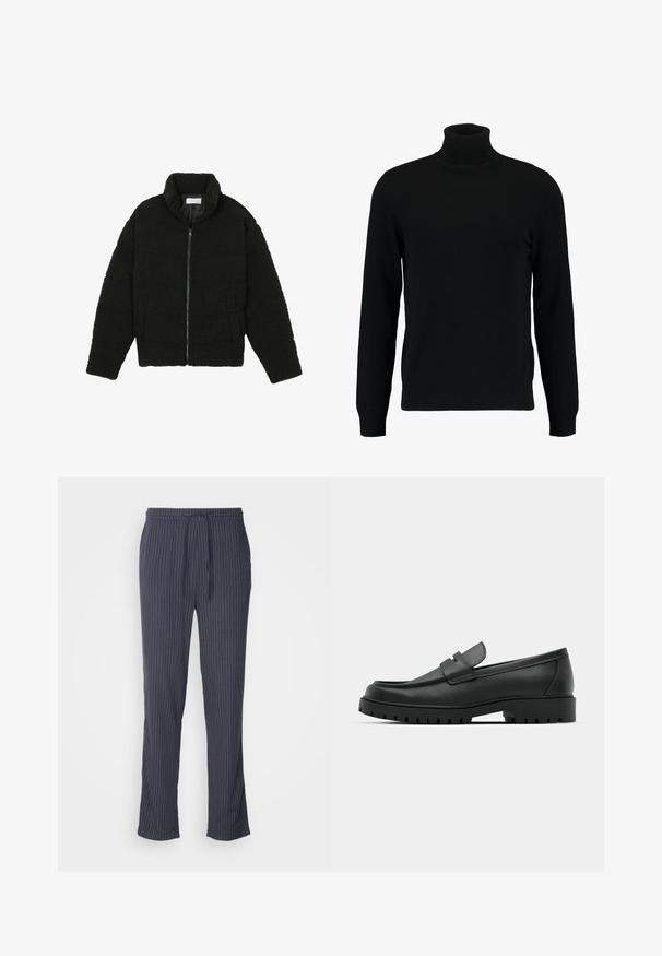 Μαύρη ψεύτικη γούνα τζάκετ με ψηλό γιακά, φερμουάρ, ελαστικούς καρπούς και σχεδίαση με κουβέρτα. Περιλαμβάνει πλαϊνές τσέπες και μαλακή υφή.; Μαύρο πουλόβερ με ψηλό λαιμό φτιαγμένο από μαλακό πλεκτό υλικό. Διαθέτει μακριά μανίκια, ριχτό γιακά και στρίφωμα. Απλό, κομψό σχέδιο χωρίς σχέδια.; Μπλε παντελόνι με ρίγες, φτιαγμένο από μαλακό ύφασμα, με ελαστική μέση και κορδόνι, ίσιες γραμμές και άνετη εφαρμογή.; Μαύρα δερμάτινα λουστρίνια με στρογγυλή μύτη, που διαθέτουν ραμμένο σχέδιο, χαμηλή πλατφόρμα και υφή με λαστιχένια σόλα με προεξοχές.