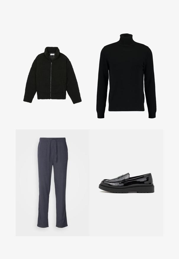 Čierna umelá kožušinová bunda s vysokým golierom, zipsom, elastickými manžetami a prešívaným dizajnom. Má bočné vrecká a jemnú textúru.; Čierny rolák vyrobený z mäkkého pleteného materiálu. Má dlhé rukávy, rebrovaný golier a lem. Jednoduchý, elegantný dizajn bez vzorov.; Námořnické modré pruhované kalhoty z měkké látky s elastickým pasem a šňůrkou, rovnými nohavicami a uvolněným střihem.; Čierne patentové kožené mokasíny s okrúhlou špičkou, ozdobným pásikom a hrubou čiernou gumovou podrážkou. Hladký lesklý povrch s minimálnym prešitím.