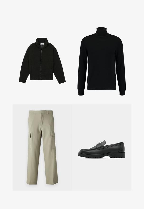 Sort faux fur jakke med høj krave, lynlås lukning, elastiske ærmer og et quiltet design. Har sidelommer og en blød tekstur.; Sort turtleneck sweater lavet af et blødt strikmateriale. Har lange ærmer, ribbet krave og kant. Enkel, slank design uden mønstre.; Lysgrønne cargo-bukser med lige ben, der har sidelommer og en glat stofoverflade. Bagsiden vises.; Sorte læder loafers med rund tå, der har et syet design, lav platformssål og en struktureret, skridsikker gummisål.