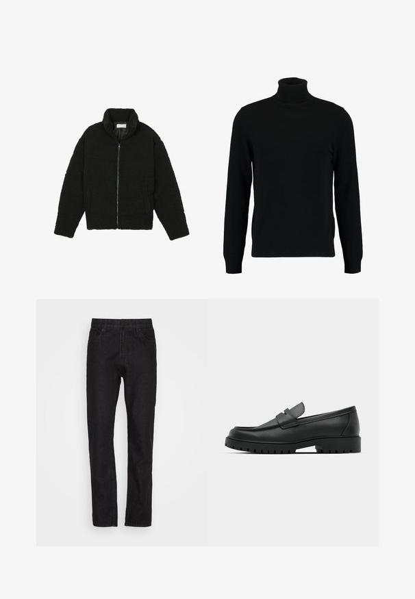 Chaqueta de pelaje sintético negro con cuello alto, cierre de cremallera, puños elásticos y un diseño acolchado. Cuenta con bolsillos laterales y una textura suave.; Jersey de cuello alto negro hecho de un material de punto suave. Cuenta con mangas largas, collar y dobladillo acanalados. Diseño simple y elegante sin patrones.; Pantalones vaqueros de mezclilla negra con un diseño de pierna recta, cinco bolsillos, cierre de botón y cremallera, y un acabado texturizado sutil.; Mocasines de cuero negro con punta redonda, que cuentan con un diseño cosido, suela de plataforma baja y una suela de goma texturada y con tacos.